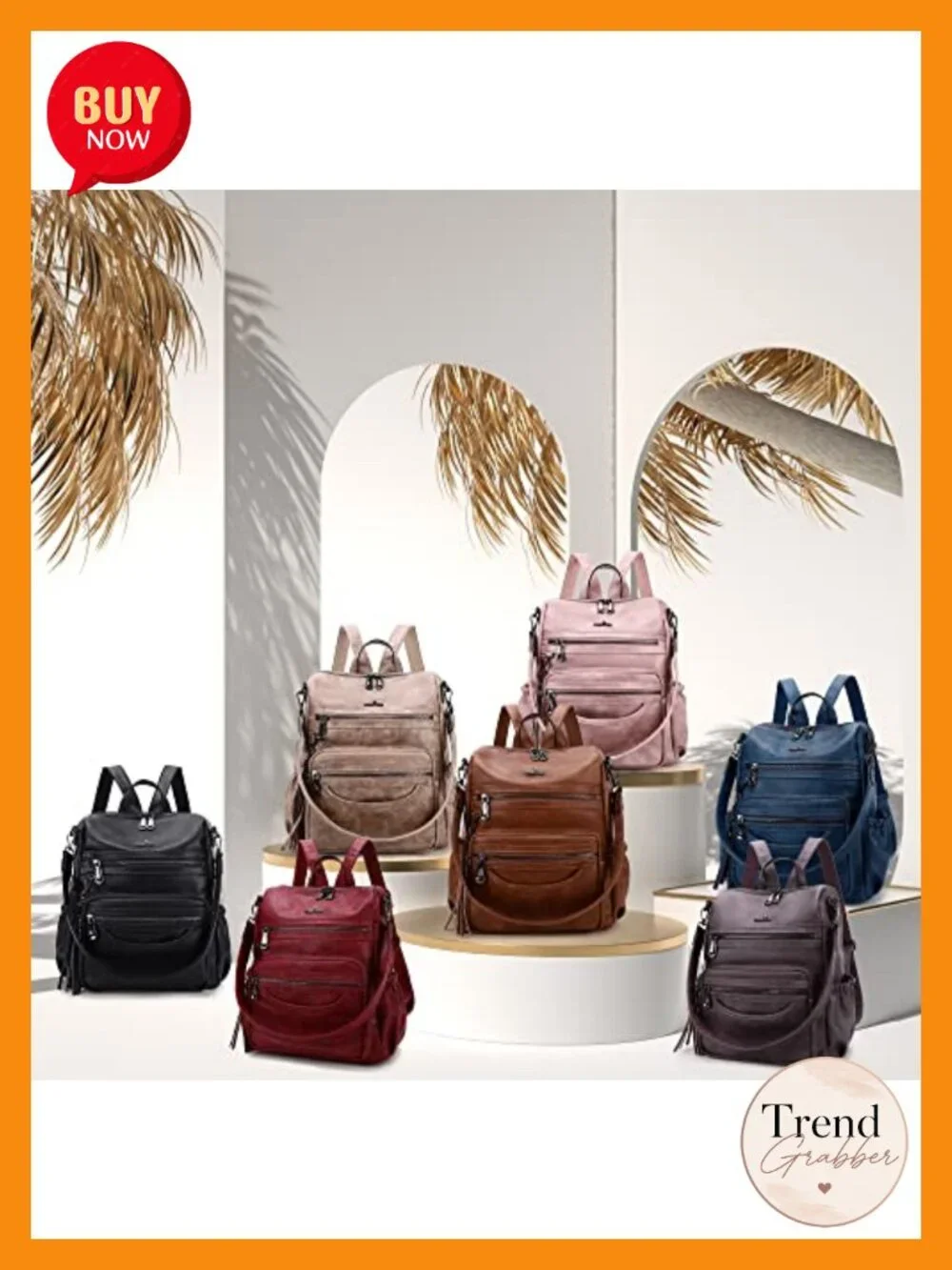 Vegan Leather Zipper Casual Backpack & Shoulder Bag with Waterproof Pocket